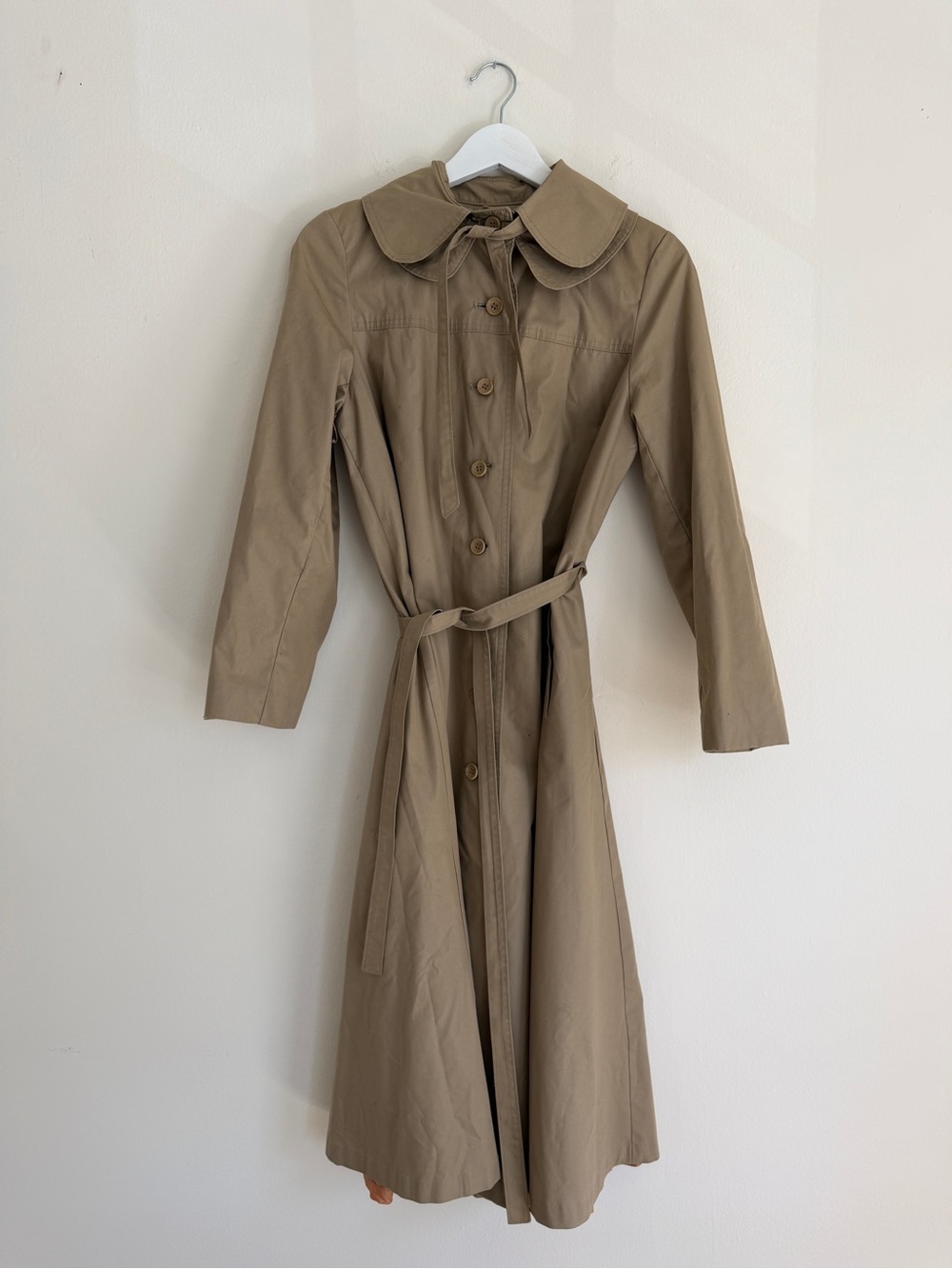 VINTAGE Khaki Tan Long Trench Coat with Cape Collar & Pink Lining